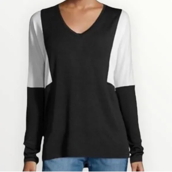 VINCE Colour-Block Long Sleeve V-Neck Top - Picture 1 of 4